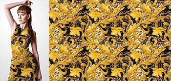 31001 Materiał ze wzorem złote malowane ornamenty roślinne, złote łańcuchy i drobne kwiaty